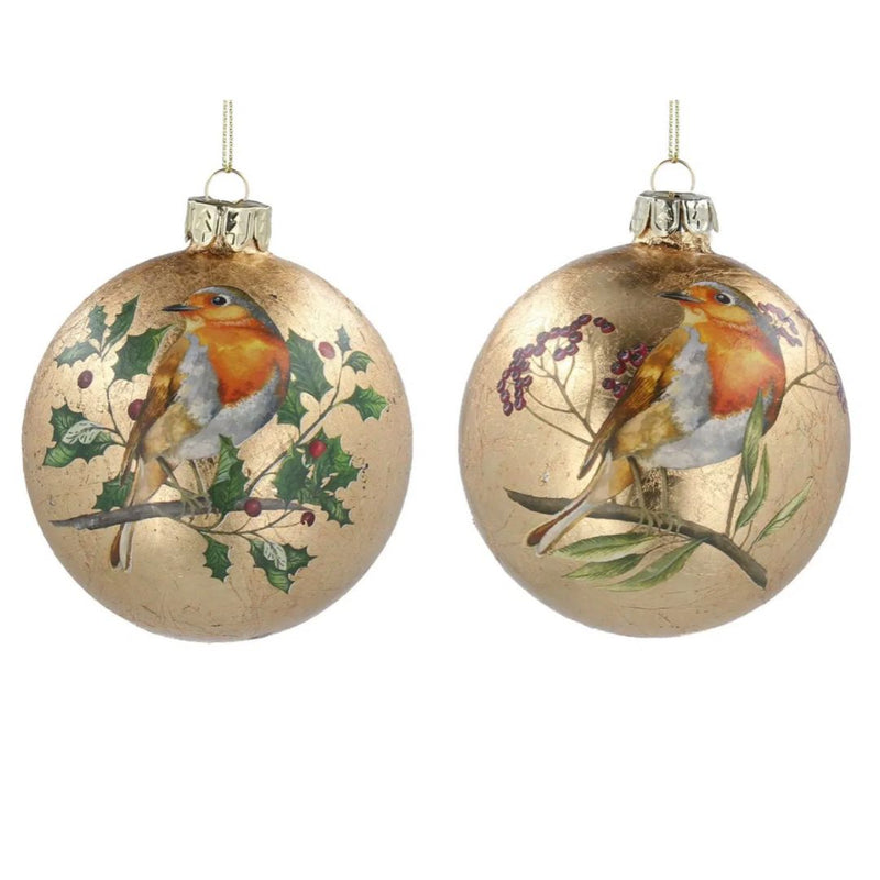 Antique Gold with Robin Glass Bauble