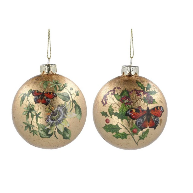 Glass Bauble 8cm - Matt Gold w Butterfly/Flower, 2as