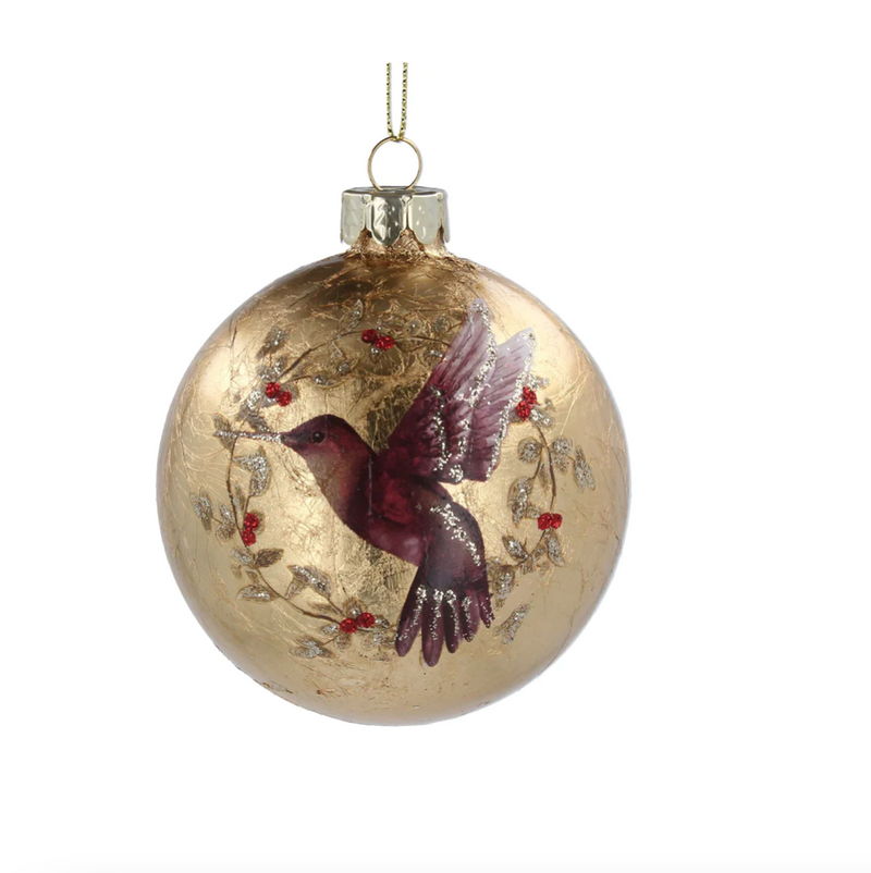 Antique Gold with Hummingbird and Berries Glass Bauble