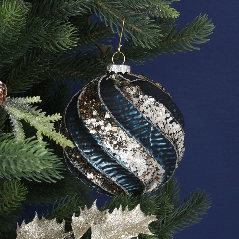Textured Blue and Silver Spiral Glass Bauble