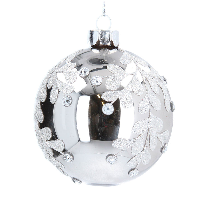 Lacquered Silver and Glitter Diamante Leaf Bauble