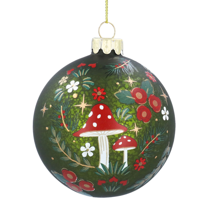 Antique Moss Green with  Toadstools Glass Bauble