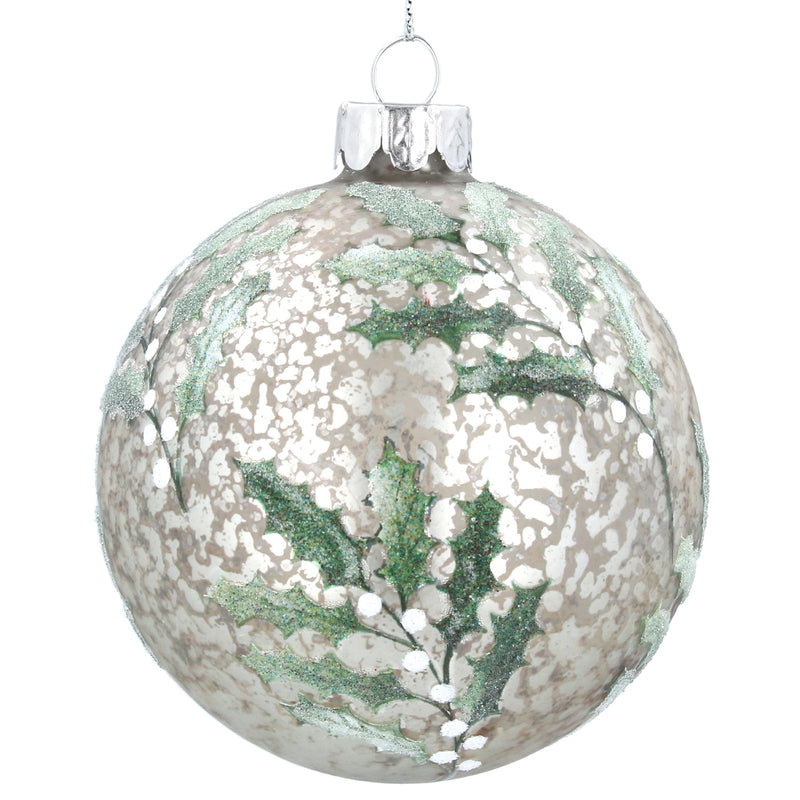 Antique White and Silver with Holly and White Berry Glass Bauble