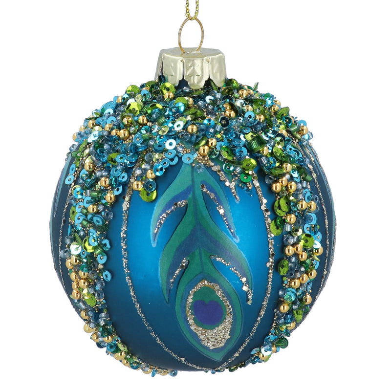 Matt Peacock Blue with Sequins & Peacock Feather Bauble