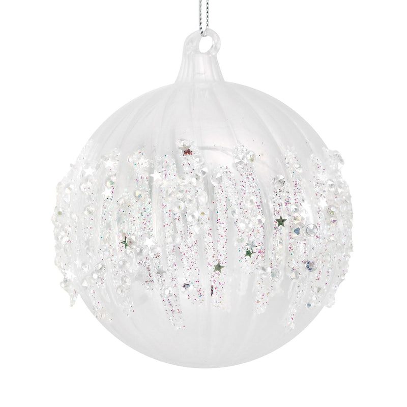 Glass Bauble 10cm - Clear Ribbed w Glitter Icicle Band