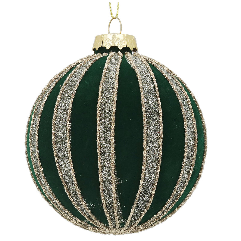 Green Flock with  Glitter Stripe Glass Bauble