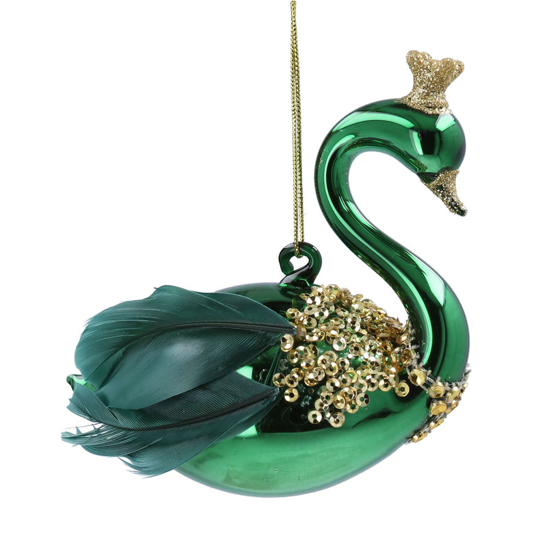 Glass Green Swan with  Gold Crown Glass Hanging Decoration