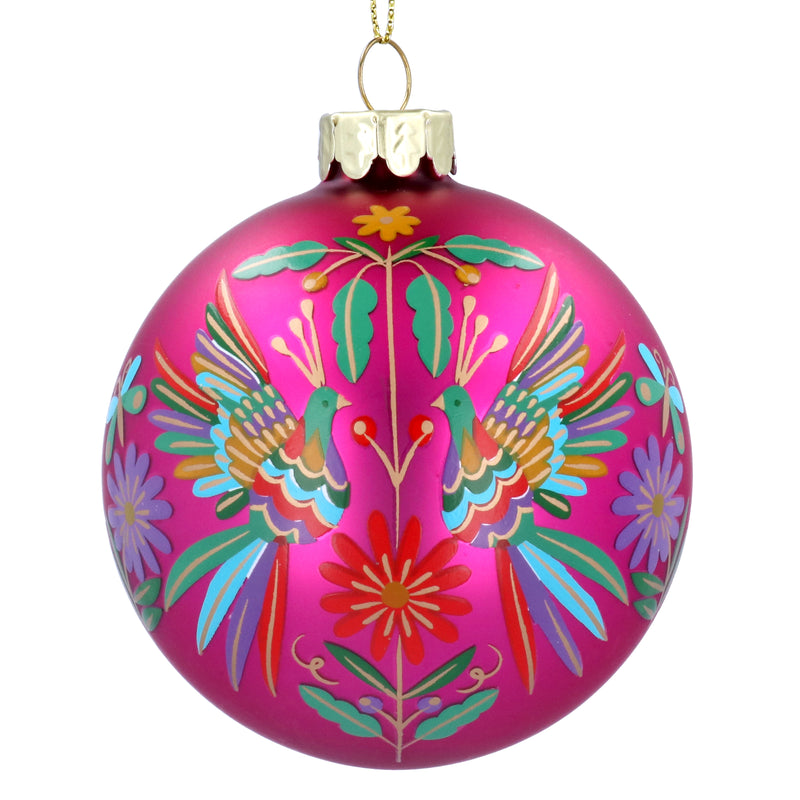 Matt Pink and Rainbow Birds Glass Bauble