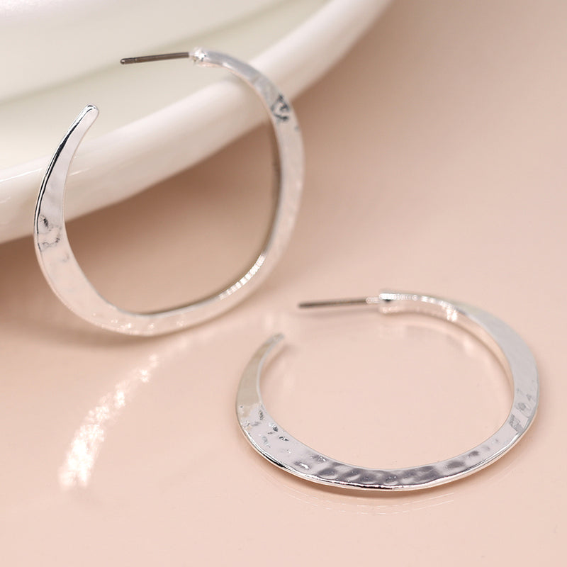 Silver plated irregular hammered open hoop earrings