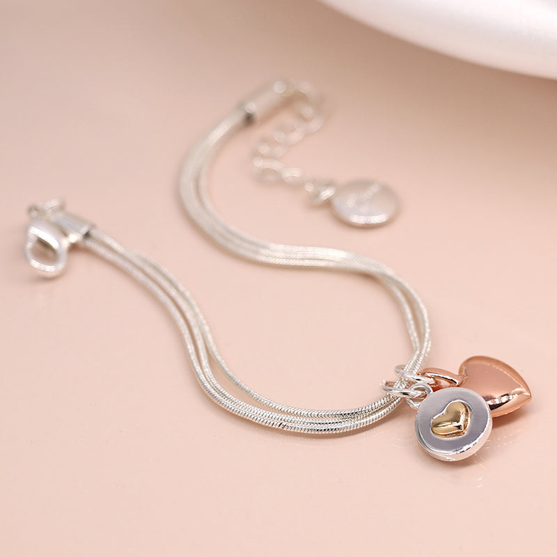 SP THREE STRAND SNAKE CHAIN BRACELETS WITH TWO ROSE GOLD HEART CHARMS