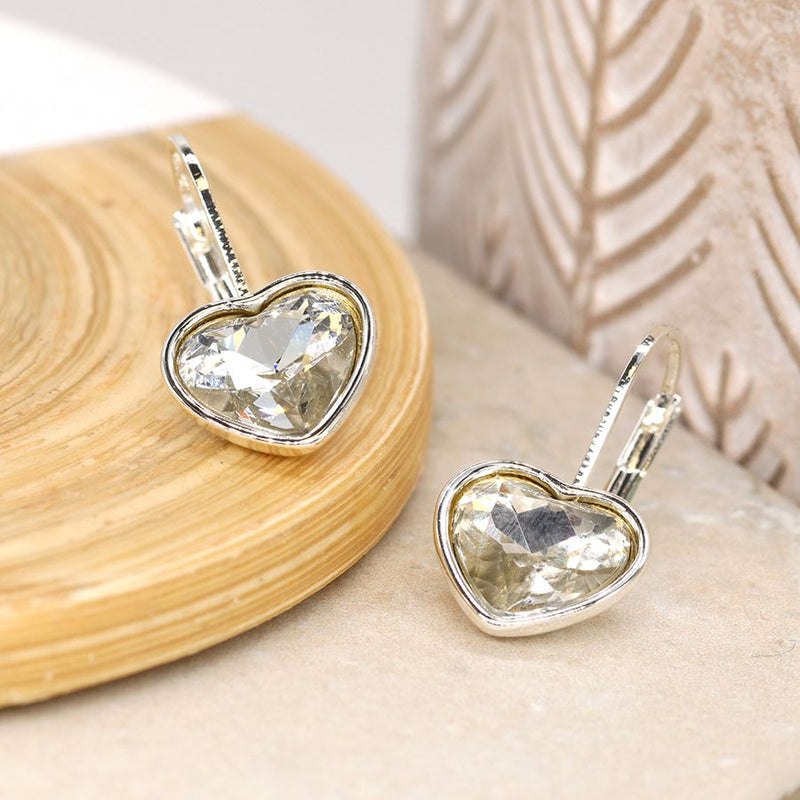 Clear crystal heart drop earrings in silver plated settings