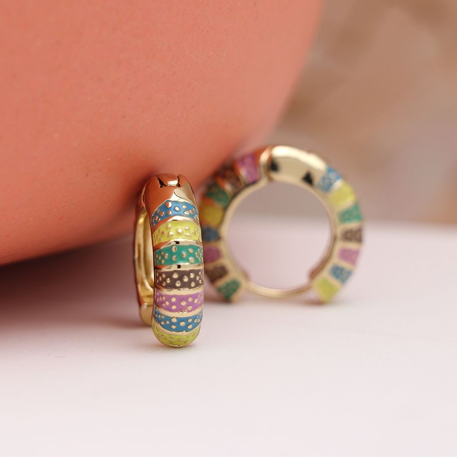 Golden multicoloured enamel dotted huggie hoops – thatslovelythat