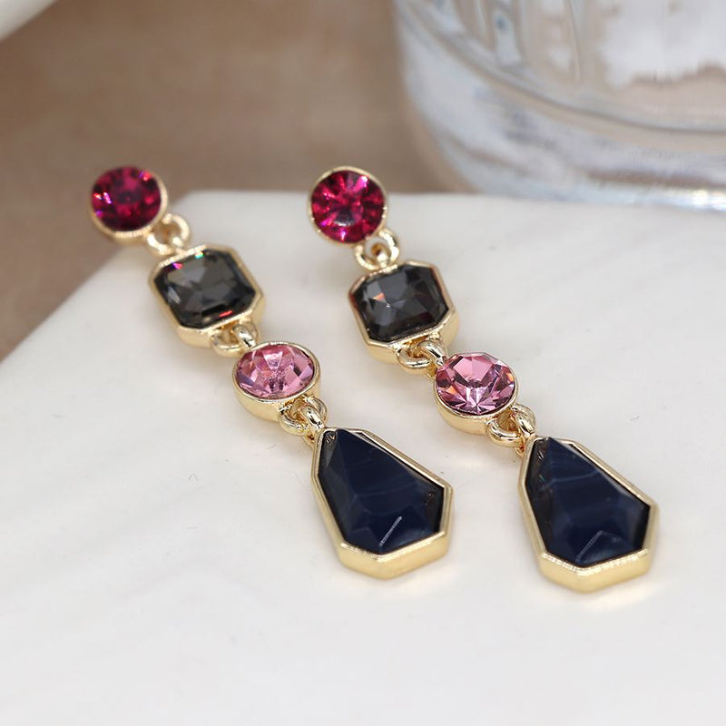 Golden multi crystal blue and pink mix earrings