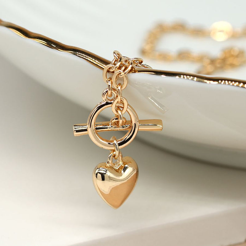 Gold plated T-Bar and heart necklace
