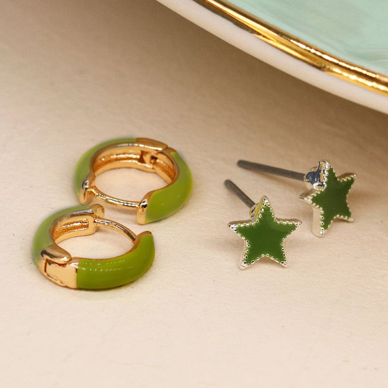Golden and dark green enamel hoop and star earring duo