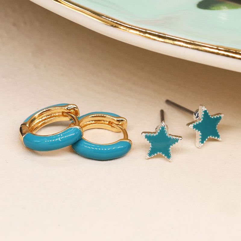 Golden and teal enamel hoop and star earring duo