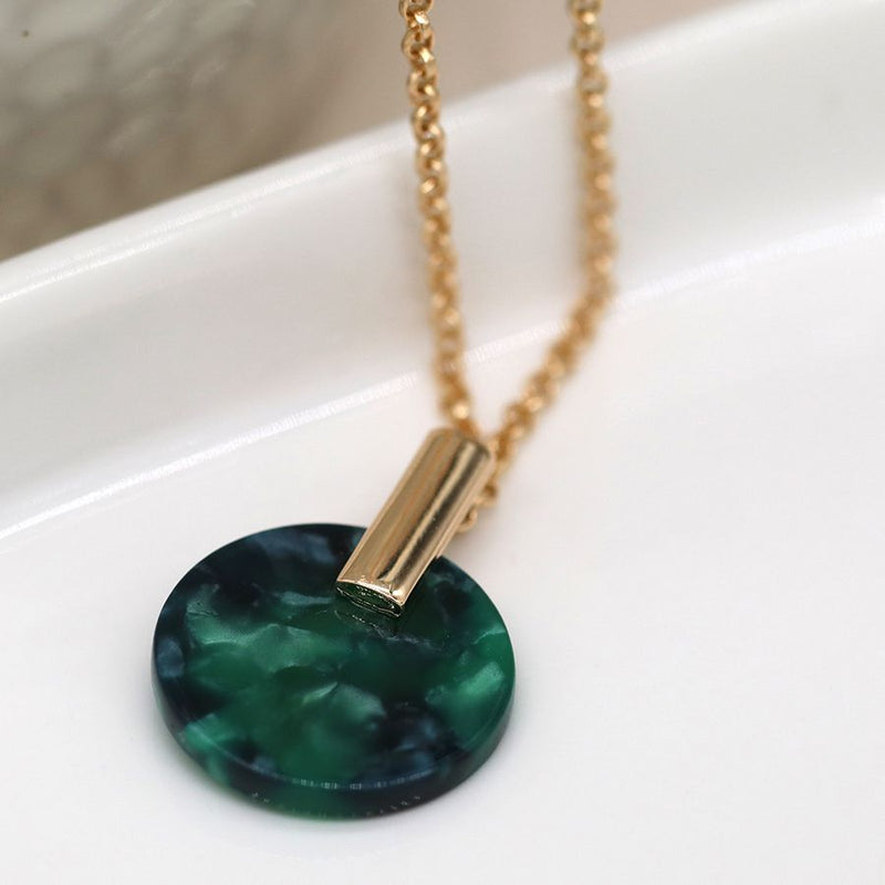 Malachite green resin disc and golden bale necklace