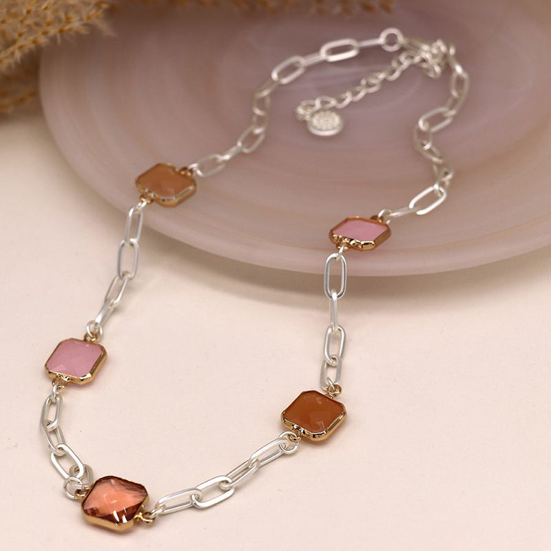 Silver plated necklace with pink mix square stones
