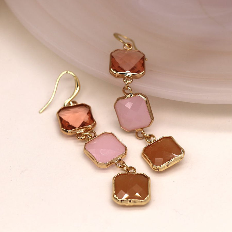 Gold Drop Earrings with Pink and Peach Stones