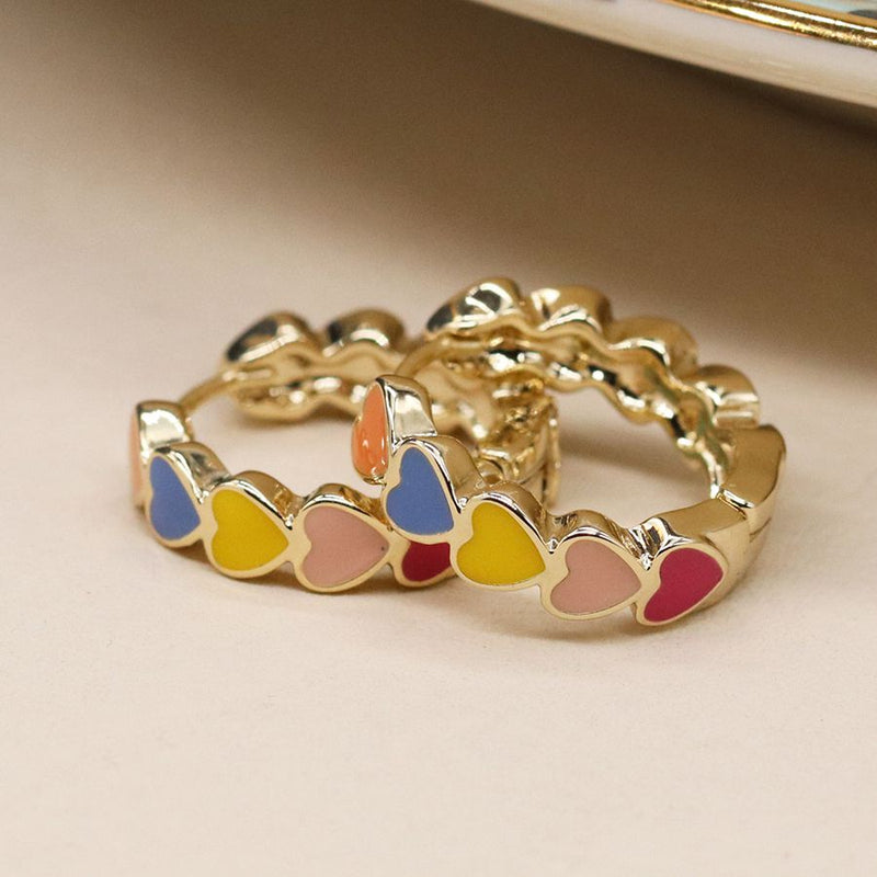 Golden multicoloured enamel heart hoop earrings