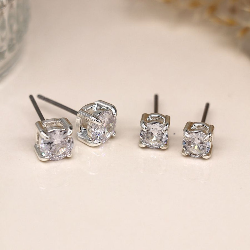 Silver plated clear crystal stud earring duo