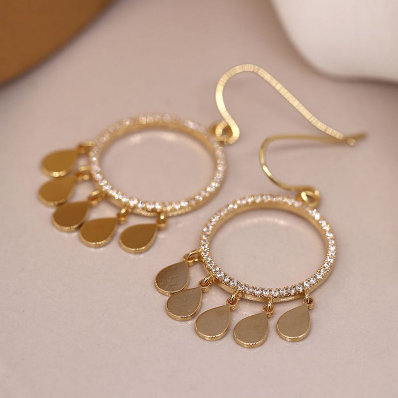 Golden crystal inset hoop and multi teardrop earrings