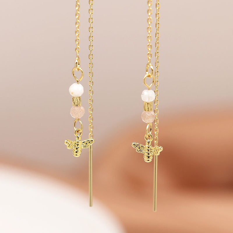 Semi precious bead, golden bee and chain earrings