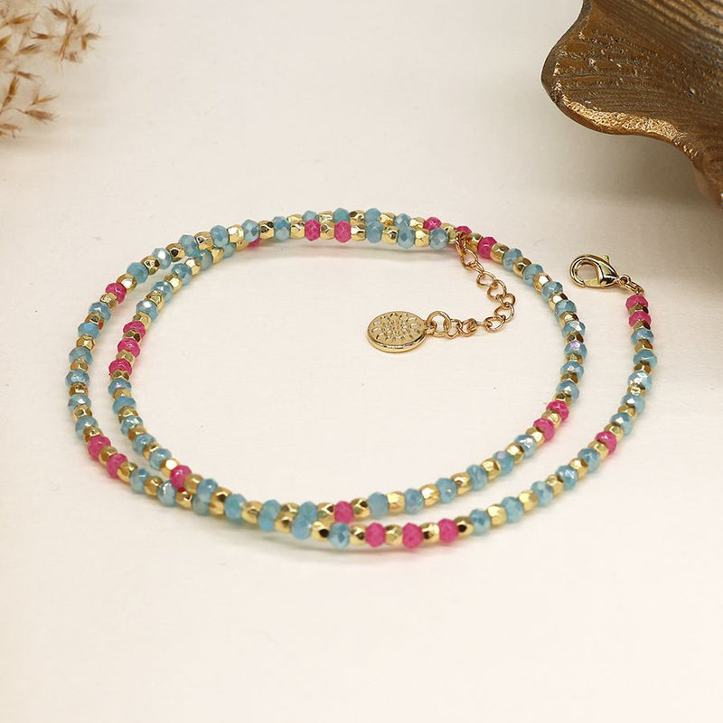 Aqua, pink and gold faceted bead necklace