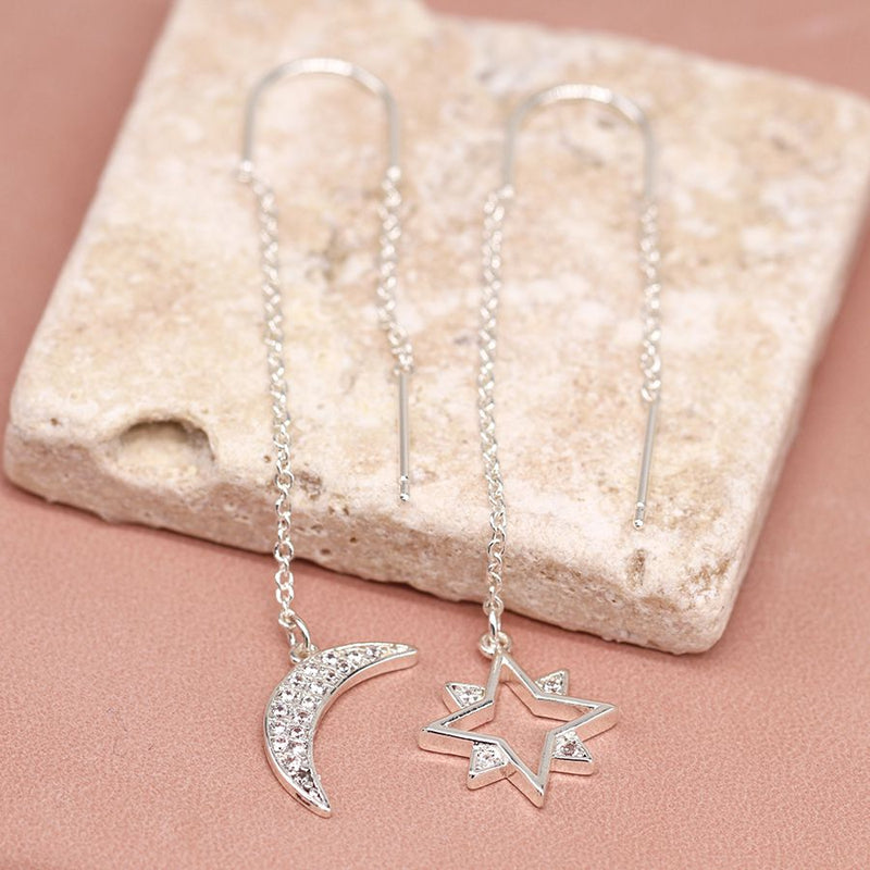 Silver plated crystal moon and star chain drop earrings