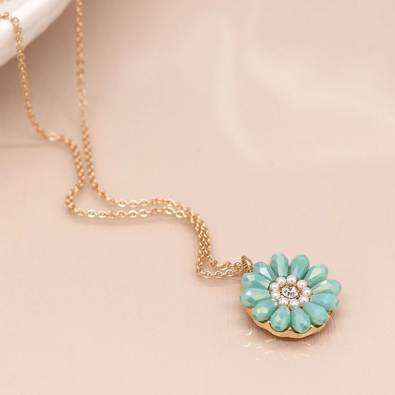 Golden aqua bead daisy necklace with pearls