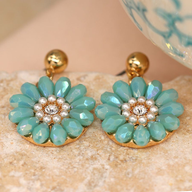 Golden aqua bead daisy earrings with pearls