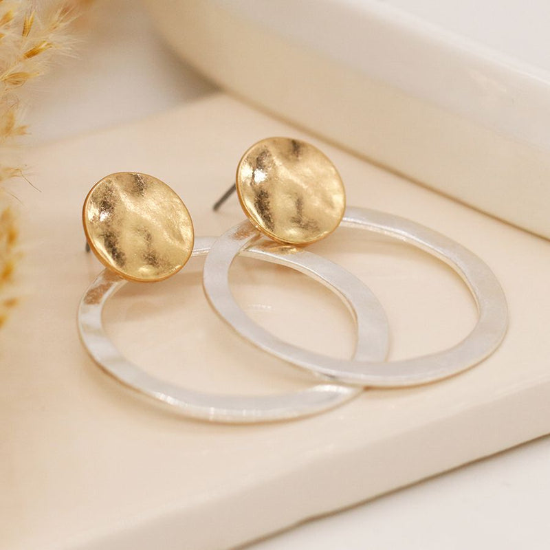 Golden organic disc and silver plated hoop earrings