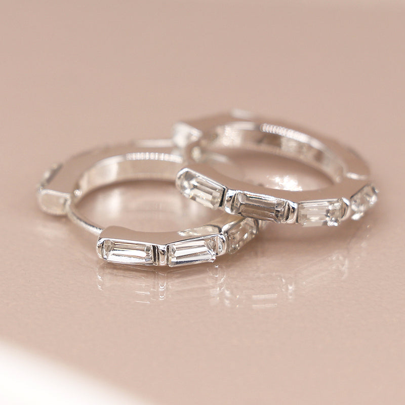 Silver plated oblong crystal set hoop earrings