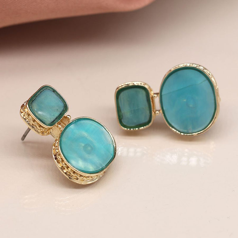 Golden double shape opalescent aqua earrings