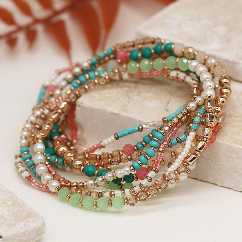 Multi strand aqua coral mix bracelet