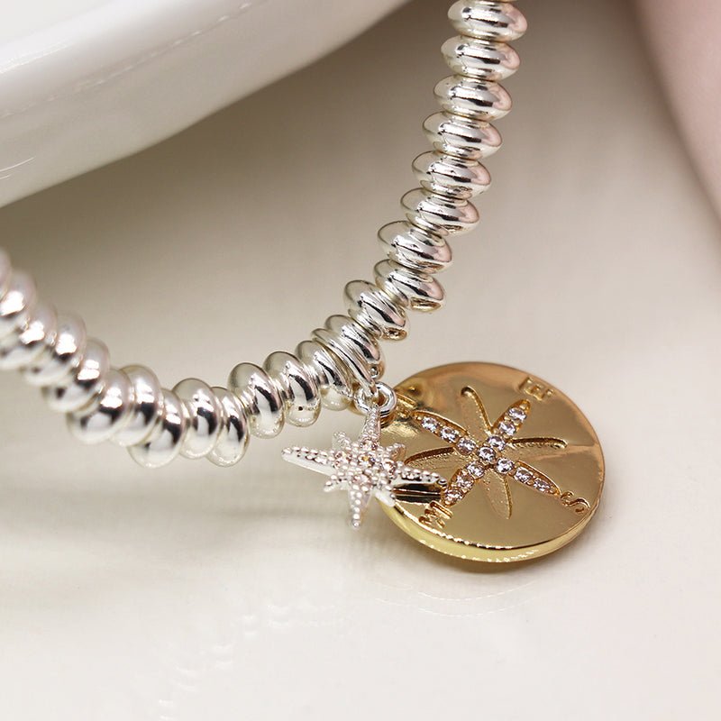 Faux gold and silver plated double charm nautical compass bracelet with crystals