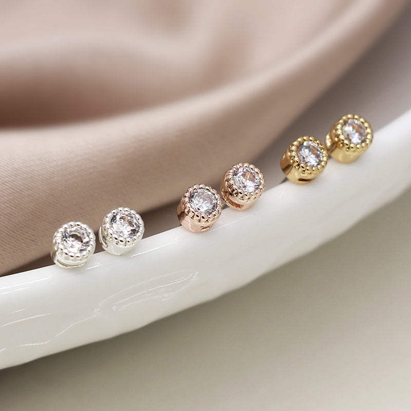 Silver plated, faux gold and rose gold millgrain crystal stud set