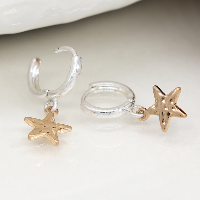 Silver plated worn hoop earrings with faux gold hammered stars