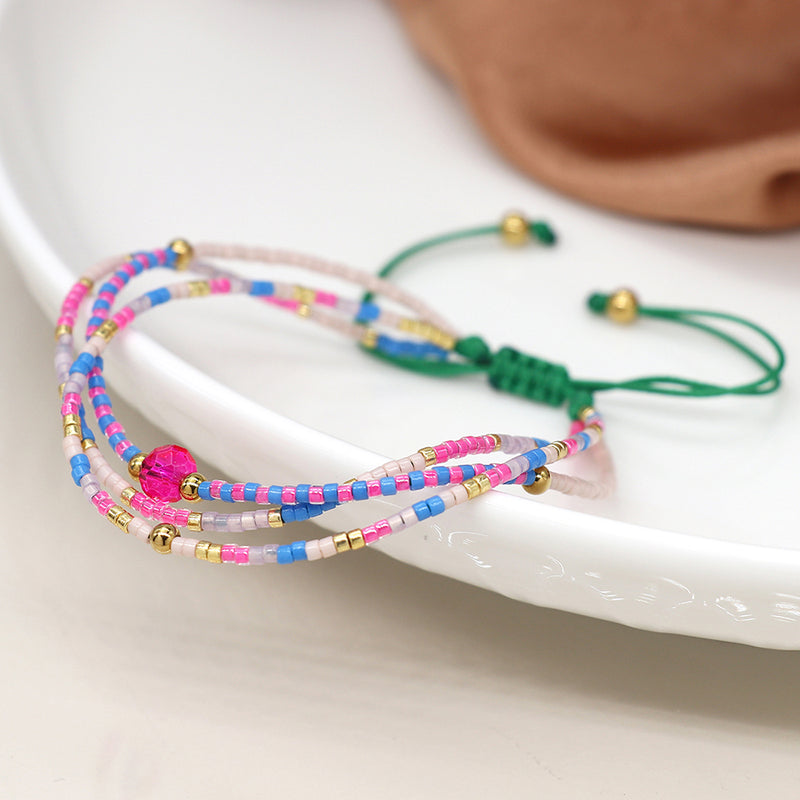 Pink and Blue Triple Strand Adjustable Boho Bracelet