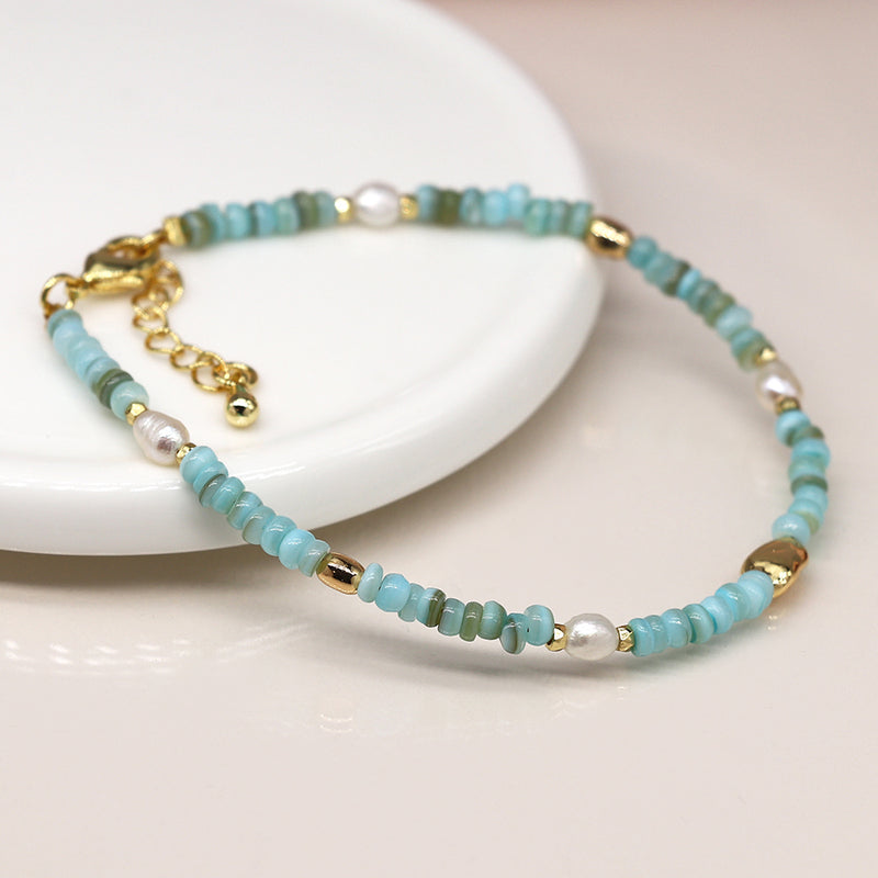 Turquoise Aqua Bead Bracelet with Fresh Water Pearls