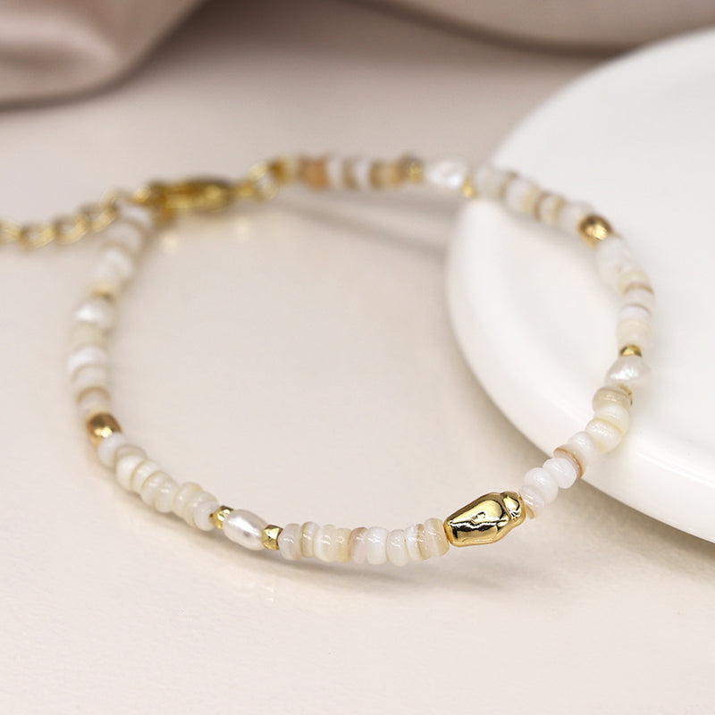 White Mix Bead Bracelet with Gold Pebble and Fresh Water Pearls