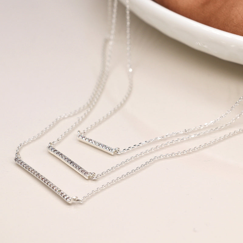 Silver plated triple crystal bar necklace