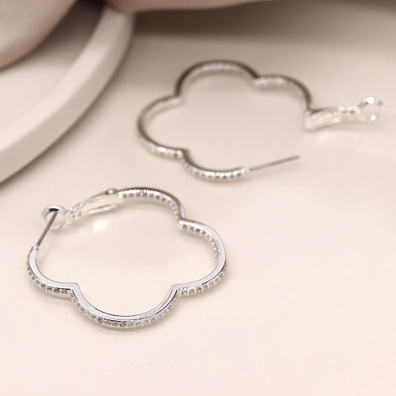 Silver plated large crystal quatrefoil hoops