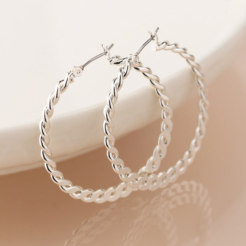 Silver plated fancy twist hoop earrings