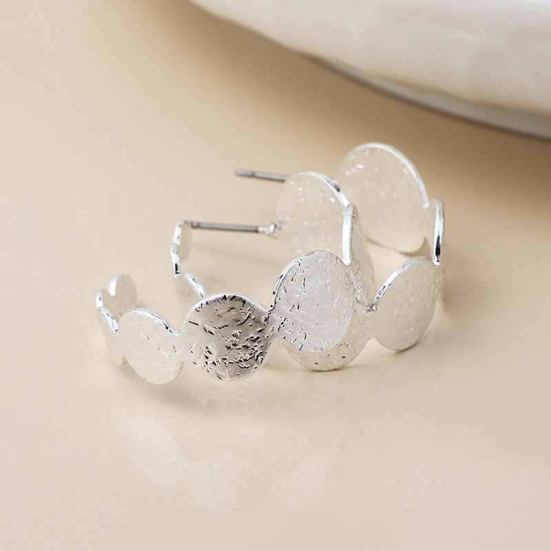 BRUSHED TEXTURED SILVER PLATED DISCS C POST EARRINGS