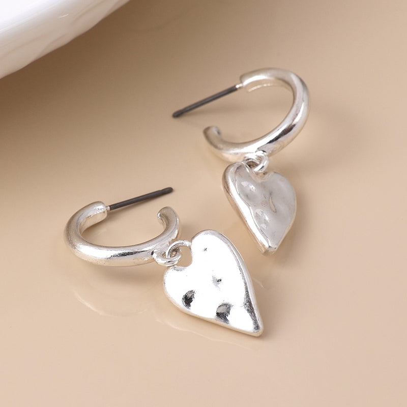 WORN SILVER BEATEN HEART DROP C POST EARRINGS