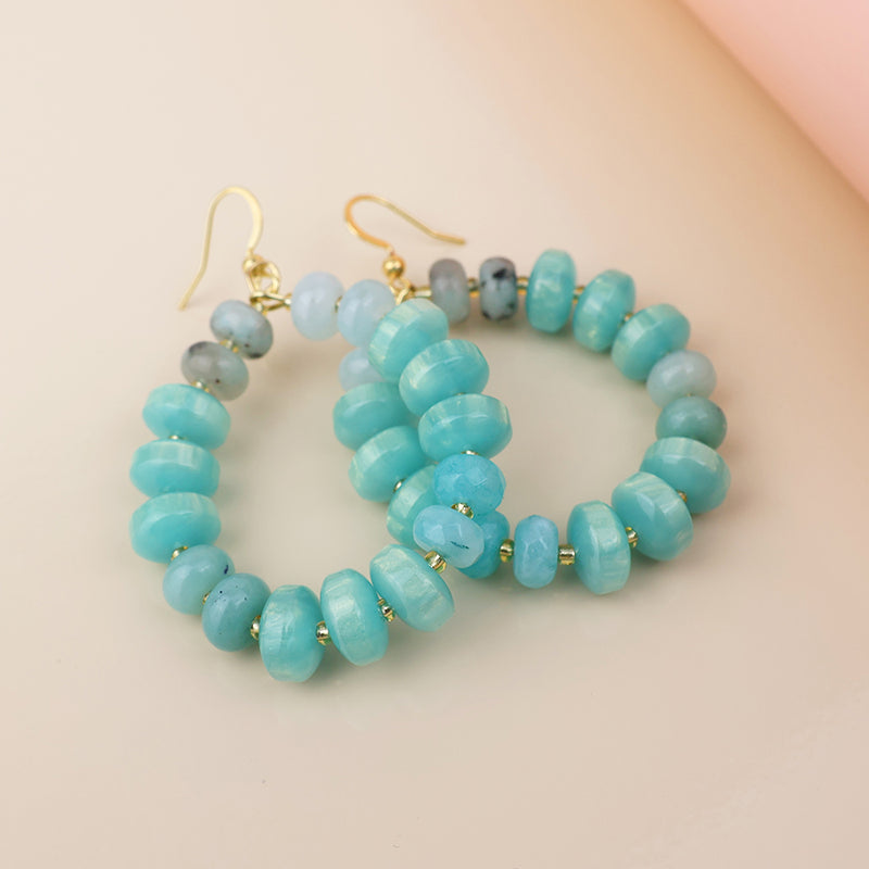 Green stone mixed bead hoop drop earrings