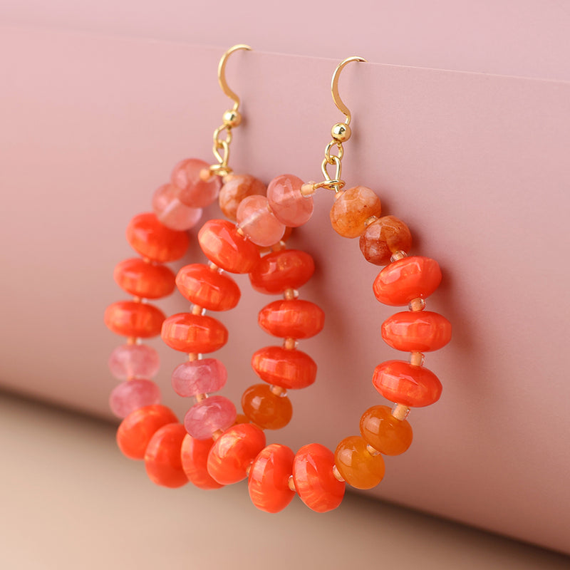 Orange stone mixed bead hoop drop earrings