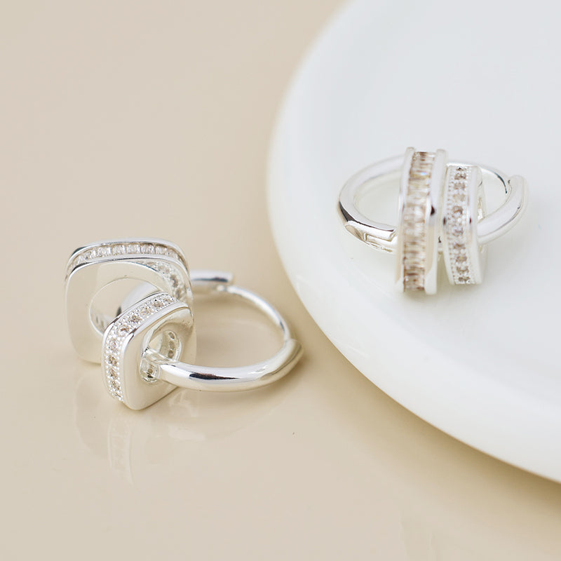Silver plated hoop and square crystal ring hoop earrings