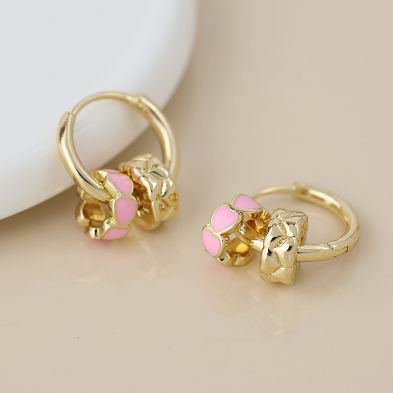 Golden and pink enamel heart ring hoop earrings